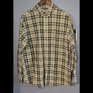 LL Bean Flannel Long Sleeve Green Beige Plaid Button Shirt Men's Size Large